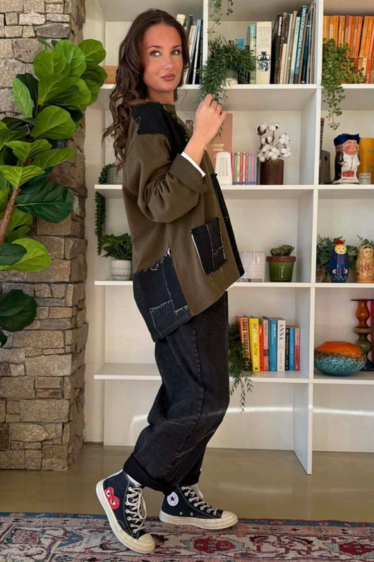 Duran Panel Grid Applique Sweatshirt Khaki